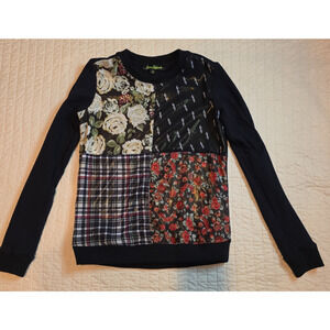 Sam Edelman XS Black Floral Patchwork Plaid Sweatshirt Women’s Sweater Top Cozy